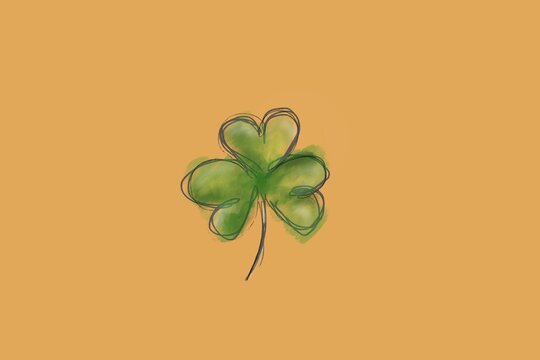Hand drawn watercolour clover leaf on camel background