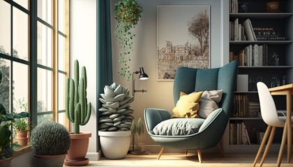  a living room with a couch, chair, and potted plants in it and a window with a view of the city outside of the room.  generative ai