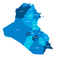 Iraq political map of administrative divisions - governorates and Kurdistan Region. Flat blue vector map with name labels.