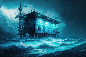 Wave Energy station in future. Tidal energy: generator in the ocean. AI generative