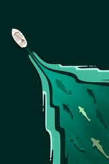 Creative concept illustration sailing boat yacht at the sea ocean with fishes on green background.
