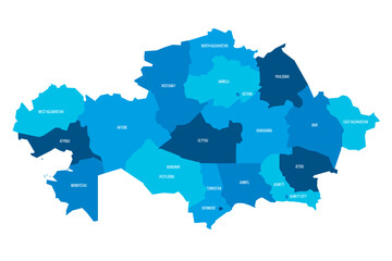 Kazakhstan political map of administrative divisions - regions and cities with region rights and city of republic significance Baikonur. Flat blue vector map with name labels.