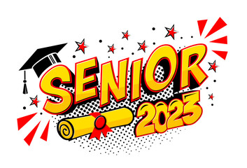 2023 class graduate header. Decorate congratulation for school graduates in comic cartoon style. Vector on transparent background