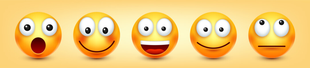 Cartoon emoji, emoticons collection. Yellow face with emotions, mood. Facial expression, realistic emoji. Sad, happy, angry faces. Funny character with smiling face. Vector illustration
