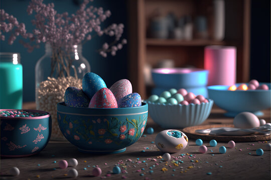 Painted Easter eggs with patterns in a bowl, pastel colors, Easter holiday, holiday table, Easter card. generative ai	