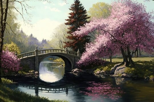 Spring: A river with a bridge and trees in full bloom..photowallpaper,wallpapers for home,landscape