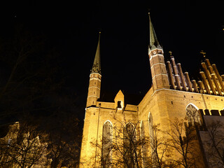 Fototapeta premium Fragment of the illuminated St. Mary's Basilica in Gdansk on a cloudy winter night, Gdansk, Poland