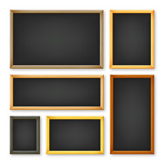 Realistic various chalkboards in a wooden frame. Black restaurant menu board. School blackboard, writing surface for text or drawing. Blank advertising or presentation boards. Vector illustration