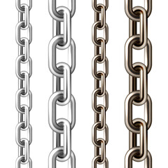 Realistic silver and brown metal chain with old rusty links isolated on white background. Heavy steel chain for industrial use. Vector illustration