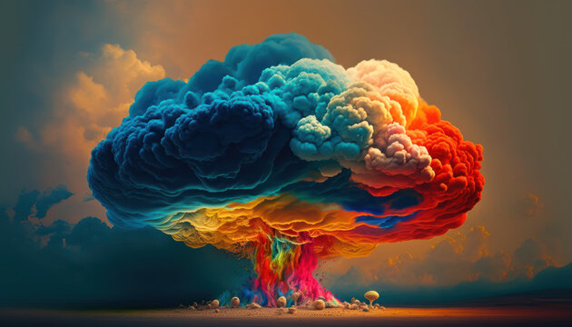Nuclear bomb atomic mushroom cloud tree psychedelic colorful rainbow explosion landscape illustration, ai