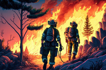 Naklejka premium Czech firefighters try to extinguish the burning blaze of a forest fire near in the village of Avgaria on the Greek island of Evia, August 10, 2021. Generative AI