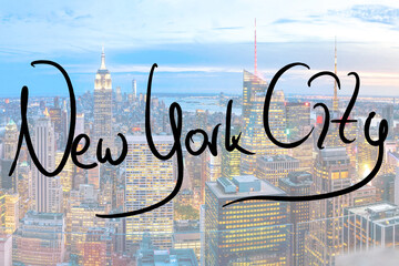 New York City, handwritten with city background  - obrazy, fototapety, plakaty