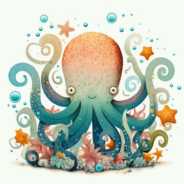 on a white background background octopus underwater cartoon stylization drawing for children with bubbles and starfish Generative AI