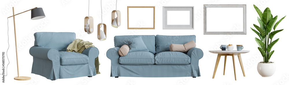 Poster Various elements for use in interior design, isolated on transparent background. 3D render.
