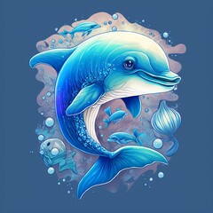 on a blue background one dolphin cartoon children's paints stylization Generative AI