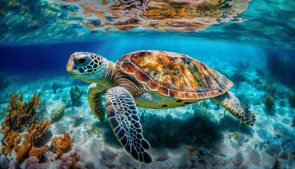 Fototapeta premium background of a beautiful turtle photographed in a dive. Ai generative.