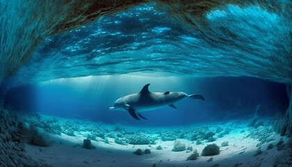 Delphins swimming in the blue sea. Ai generative.
