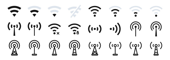 Wireless network technology icons. Internet connection symbol. Wireless level and wifi signal. WiFi zone sign. WI-FI vector icons. Free wifi icon set. WI-Fi signal level. - obrazy, fototapety, plakaty