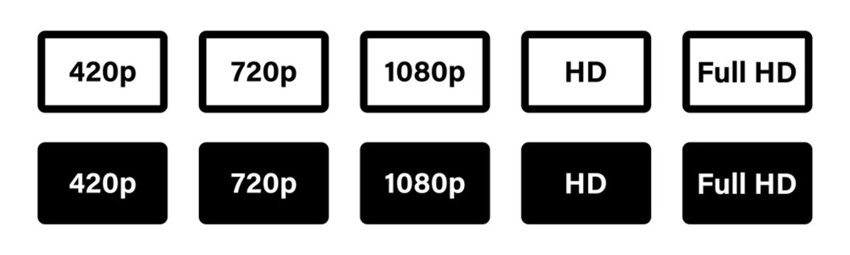 Screen resolution icon set. Video quality icons. Video resolution vector icons.