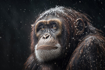 Szympans w deszczu