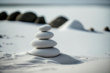 Balanced stack of white stones in white sand. Zen meditation nature beach harmony background.