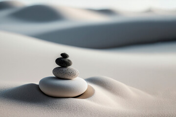 Fototapeta na wymiar Balanced stack of stones in white sand. Zen meditation nature background