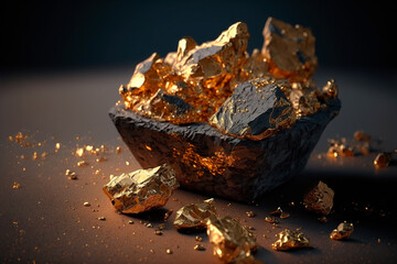 Closeup of big gold nugget with small pices scattered arround