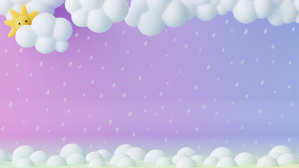 3d rendered sun with clouds and rain. Background for children