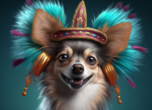 A Cute Chihuahua Dog With Red Carnival Hat With Gold Details And Blue Feathers With Purple Details, Carnival Costume, Generative AI