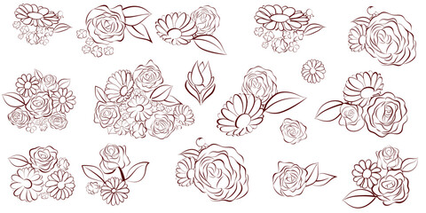 Set of hand drawn bouquets and single flowers, isolated on white background