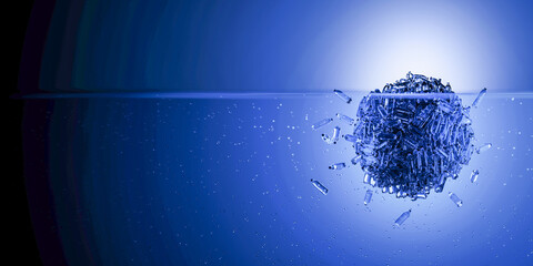 Floating sphere made by infinite plastic bottles into the sea; original 3d rendering illustration