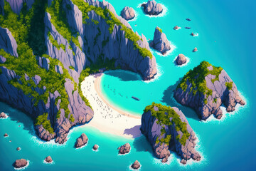 Aerial and top views of the sea. amazing natural setting The water's hue is stunningly bright. Thai ocean's azure beach is surrounded by rocky mountains and clear water on a sunny day. Generative AI