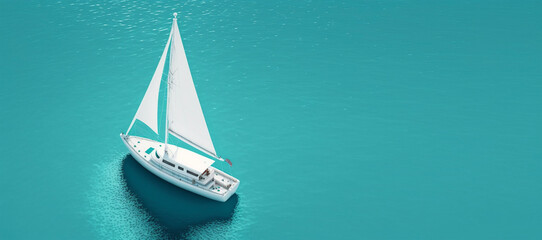 Top view shot of a white sailboat banner on a clear light blue ocean.Copy space.Created with generative ai