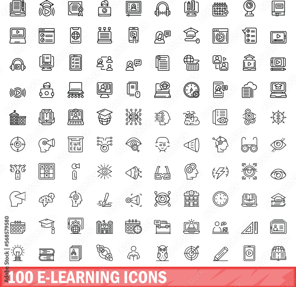 Wall mural 100 e-learning icons set. outline illustration of 100 e-learning icons vector set isolated on white 