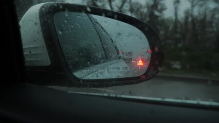 Close-up. Blind Spot Monitor Lights up on the side mirror of the car when overtaking, while driving on the road in the rain