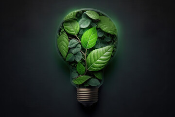 Obraz na płótnie Canvas Green eco-friendly lightbulb from fresh leaves top view. Energy saving, ecology and environment sustainable resources conservation concept, illustration, cabbage, food, brain, vector, green, art, 