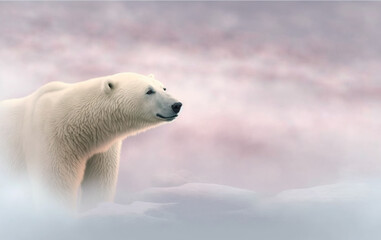 Obraz na płótnie Canvas Beautiful Polar bear on a glacial chunk of ice in the ocean hunting seals. Soft pink morning light at sunrise along with fresh blowing snow, sea and ice. Image created with generative ai