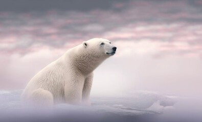 Fototapeta na wymiar Beautiful Polar bear sitting on a glacial chunk in the ocean hunting seals. Soft pink morning light at sunrise along with fresh blowing snow, sea and ice. Image created with generative ai