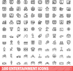 100 entertainment icons set. Outline illustration of 100 entertainment icons vector set isolated on white background