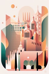 a minimalist travel illustration of Barcelona City in pastel colors with iconic symbols, geometric fluid shape composition