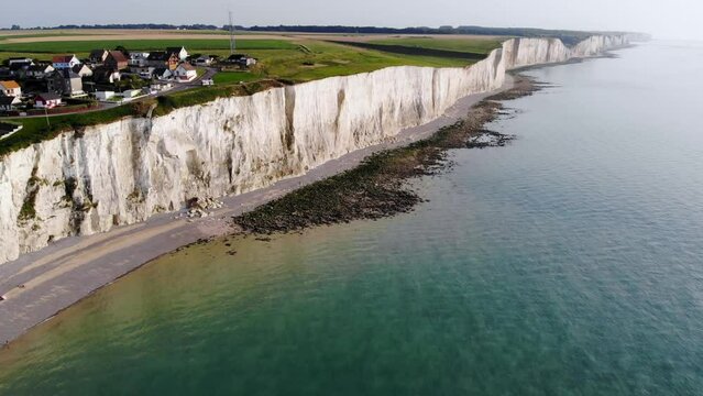 Picturesque panoramic landscape of white chalk cliffs near Ault, Somme, Hauts-de-France department of Normandy in France