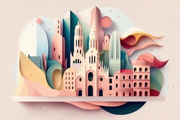 a minimalist travel illustration of Barcelona City in pastel colors with iconic symbols, geometric fluid shape composition - obrazy, fototapety, plakaty