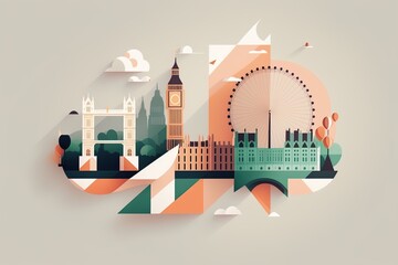 a minimalist travel illustration of London City in pastel colors with iconic symbols, geometric fluid shape composition - obrazy, fototapety, plakaty