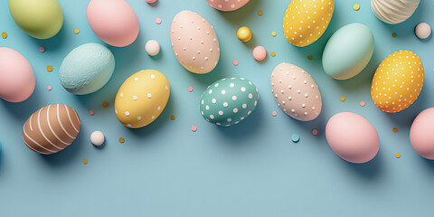Fototapeta na wymiar Easter frame. Colorful Easter egg on pastel blue background. Concept of Happy Easter. digital ai art 