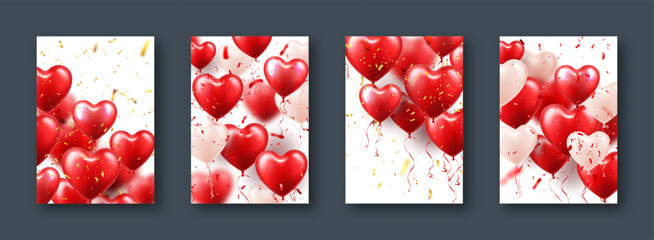 Valentine's Day banners with red heart balloons. Wedding invitation card template, love background. Mother's Day greeting cards. Beautiful romantic banner. Vector illustration