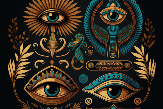 assortment of ancient Egypt. components of Egyptian culture and religion. Horus' eye, God Ra, Anubis, and the scarab. Egyptian pattern fabric designs in the manner of traditional tattooing. Generative