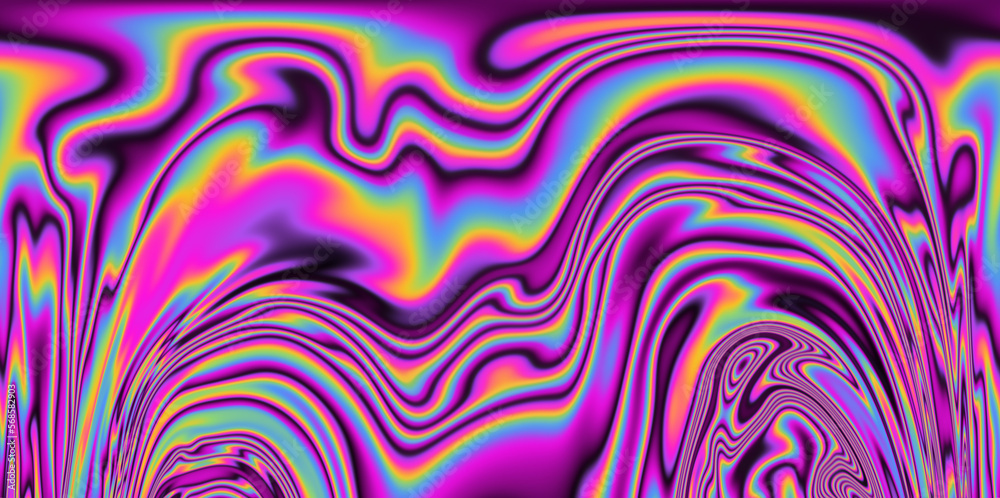 Poster op-art pattern with holographic gasoline like stains and leaks. rainbow multicolored abstract backgr