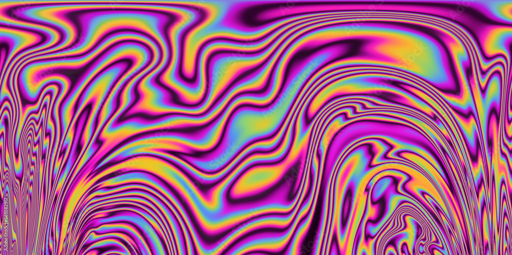 Poster op-art pattern with holographic gasoline like stains and leaks. rainbow multicolored abstract backgr