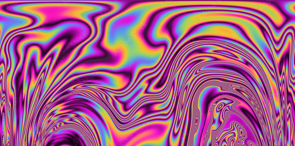 Poster op-art pattern with holographic gasoline like stains and leaks. rainbow multicolored abstract backgr