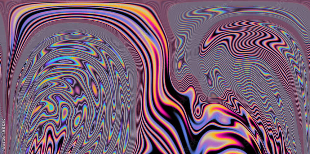 Poster op-art pattern with holographic gasoline like stains and leaks. rainbow multicolored abstract backgr